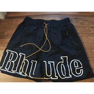 NWT RHUDE Men's XL Black Shorts Yellow Drawstrings Spell Out Lined Outdoors